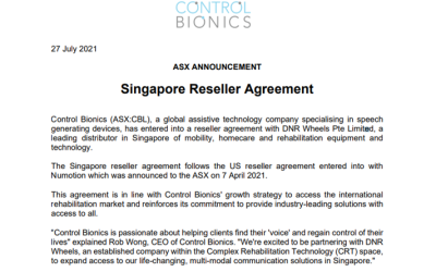 Control Bionics Announces Reseller Agreement with DNR Wheels Pte Limited
