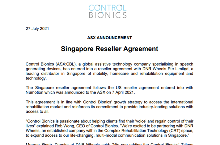 Control Bionics Announces Reseller Agreement with DNR Wheels Pte Limited